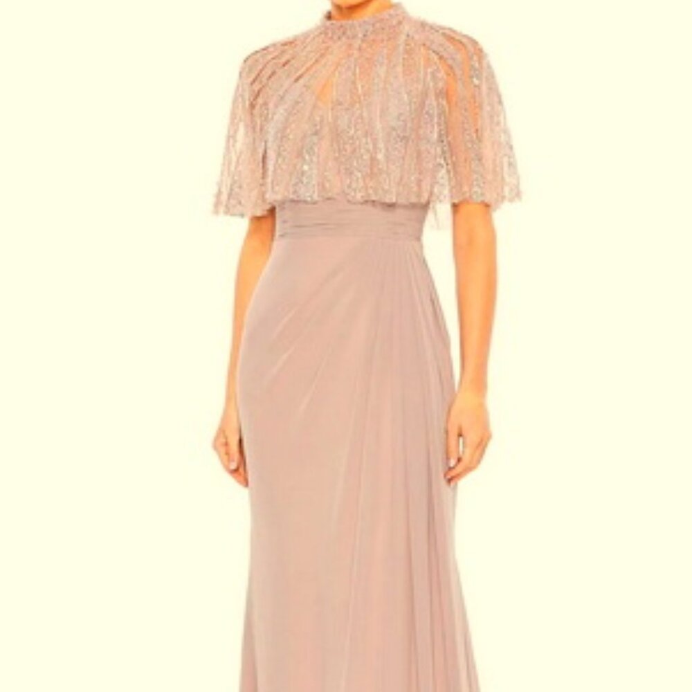 Mac Duggal Rose High Neck Embellished Hand Beaded Cape Evening Gown